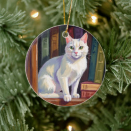 Ornamento De Cerâmica Desenho de Gato Branco