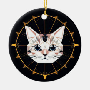 Ornamento De Cerâmica Desenho de Gato Geométrico Cercado por Estrelas Do
