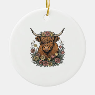 Ornamento De Cerâmica Desenho de Gravura Vintage de Vaca das Terras Alta
