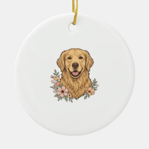 Ornamento De Cerâmica Desenho de Gravura Vintage Floral do Golden Retrie