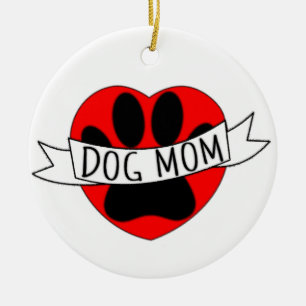 Ornamento De Cerâmica Desenho de Mãe Cachorro Pata e Coração Vermelho
