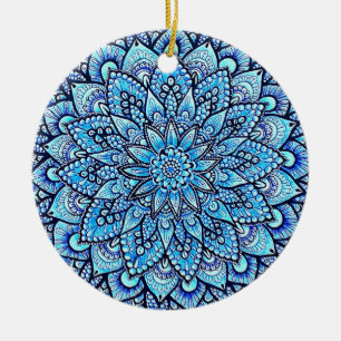 Ornamento De Cerâmica Desenho de Mandala com Mão Livre Azul