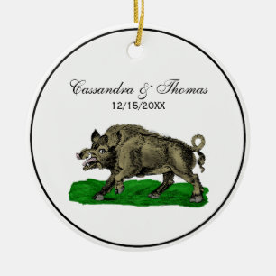 Ornamento De Cerâmica Desenho em Preto e Branco de Javali Antigo #3C