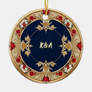 Ornamento De Cerâmica Desenho Floral Circular Dourado Ornamentado