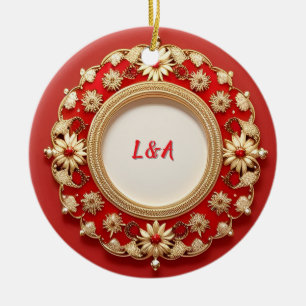 Ornamento De Cerâmica Desenho Floral Circular Dourado Ornamentado