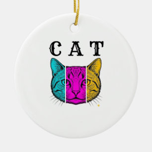 Ornamento De Cerâmica Desenho Gráfico de Bloco de Cor de Gato Gravado Vi
