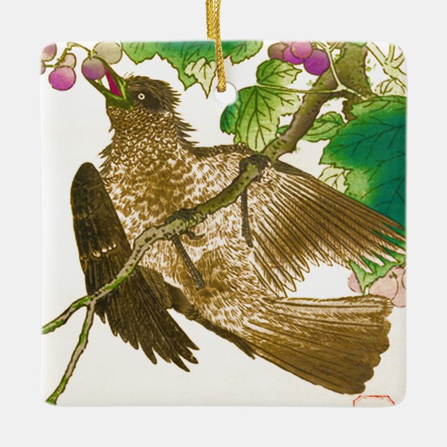 Ornamento De Cerâmica Desenho japonês de gaiola numa videira de uva, cer (Frente)