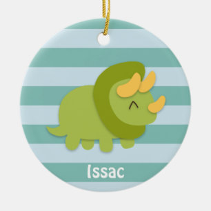 Ornamento De Cerâmica Desenho kawaii de Triceratops verde e amarelo