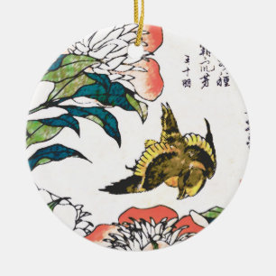 Ornamento De Cerâmica Desenho, peônias e pardal japoneses do vintage