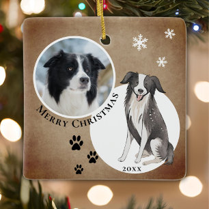 Ornamento De Cerâmica Desenho Rústico de Border Collie Pata Feliz Natal