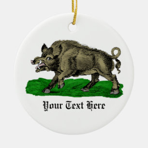 Ornamento De Cerâmica Desenho Vintage de Javali Preto e Branco #3C