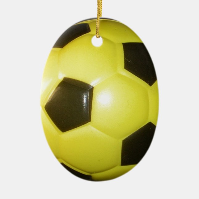 Ornamento De Cerâmica Design Abstrato de Futebol (Soccer) Amarelo e Pret (Frente)