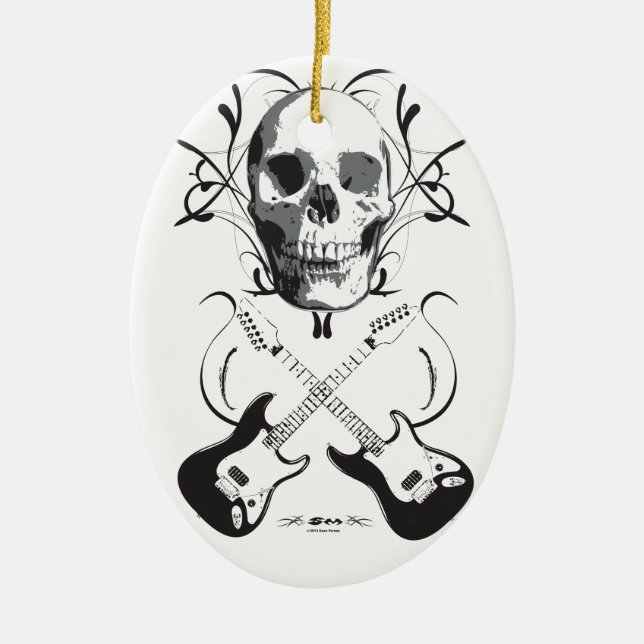 Ornamento De Cerâmica Design da guitarra e do crânio (Frente)