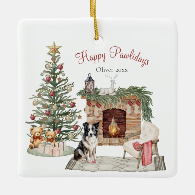 Ornamento De Cerâmica Design de Cachorro Feliz Pawlidays - Collie (Frente)
