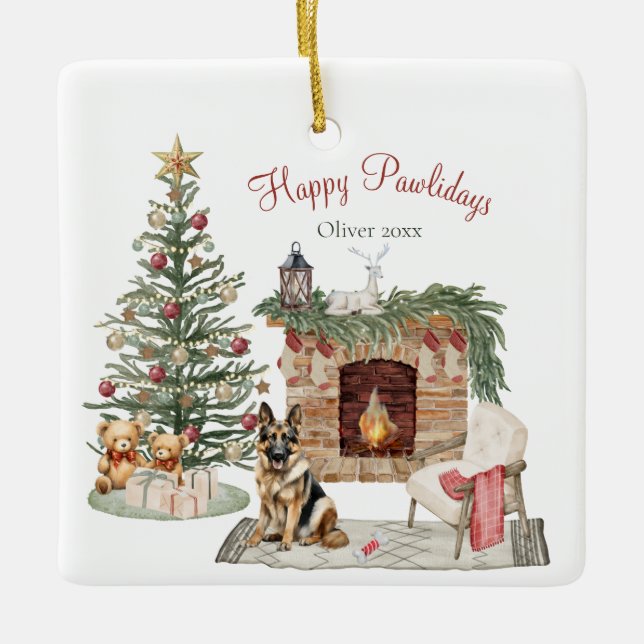 Ornamento De Cerâmica Design de Cachorro Feliz Pawlidays - German shephe (Frente)
