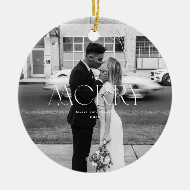 Ornamento De Cerâmica Design de Feriado de Feliz Moderno (Frente)