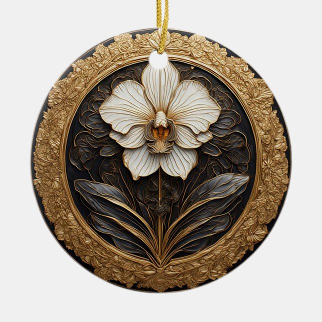 Ornamento De Cerâmica Design de Orquídea Dourada Elegante (Frente)