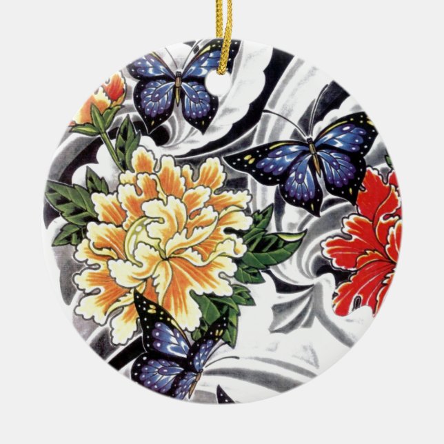 Ornamento De Cerâmica Design de Peony Amarelo e de Tatuagem de Borboleta (Frente)