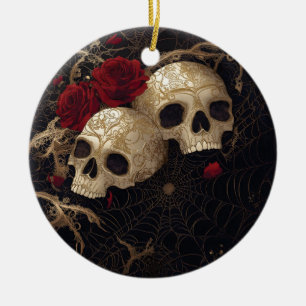 Ornamento De Cerâmica Design de Skulls e rosa vermelha