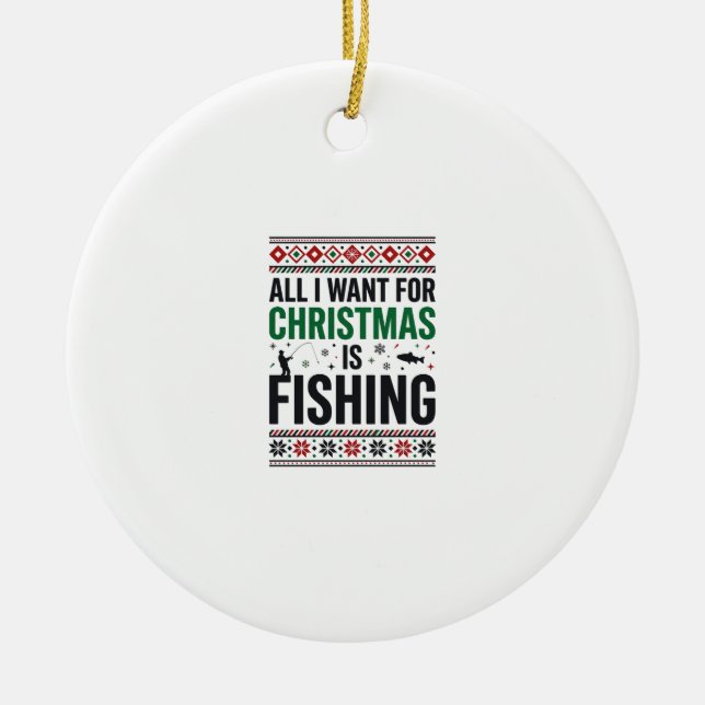 Ornamento De Cerâmica Design de Suéter Feio de Pesca de Natal (Frente)