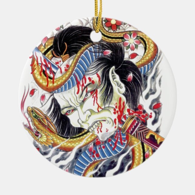 Ornamento De Cerâmica Design de Tatuagem Grotesca e Cobra (Frente)