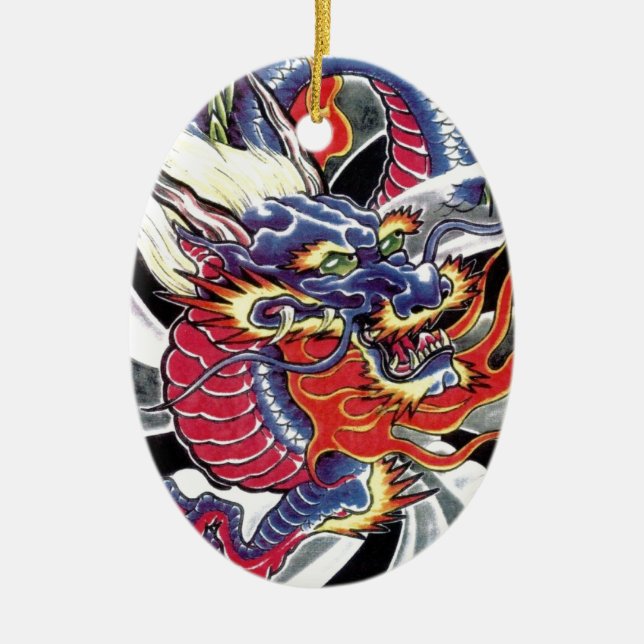 Ornamento De Cerâmica Design de tatuagem japonesa do Dragão Azul (Frente)