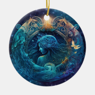 Ornamento De Cerâmica Design em Aquarela do Signo de Água - Aquário