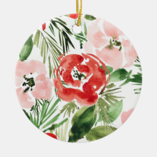 Ornamento De Cerâmica Design floral vermelho-aquarela e rosa
