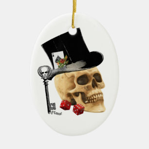 Ornamento De Cerâmica Design gótico do tatuagem do crânio do jogador