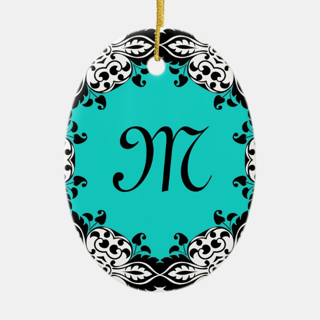 Ornamento De Cerâmica Design preto & branco da cerceta elegante com (Frente)