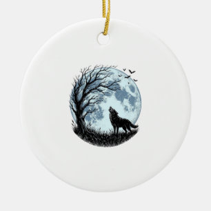 Ornamento De Cerâmica Design Silhueta da Árvore da Lua Uivando Lobo Vint
