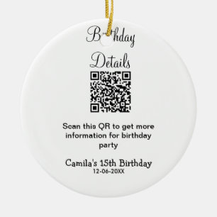 Ornamento De Cerâmica Detalhes da festa de aniversário de verificação QR
