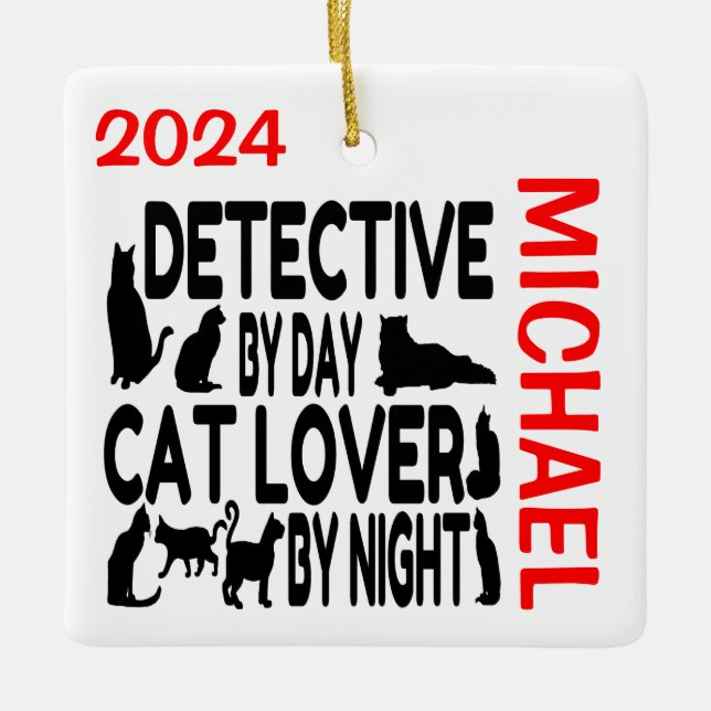 Ornamento De Cerâmica Detetive Loves Cats CUSTOM (Frente)