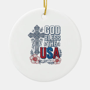 Ornamento De Cerâmica Deus Abençoe a Camisa Patriótica Cruz Vintage dos 