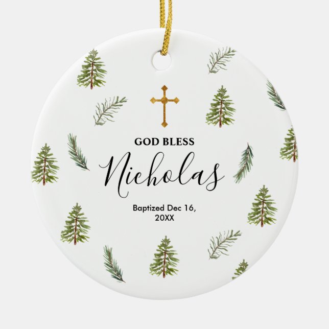 Ornamento De Cerâmica Deus abençoe de Batismo da Árvore Pinheira Russa d (Frente)