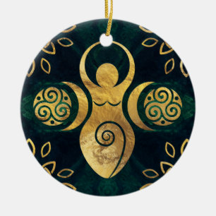Ornamento De Cerâmica Deusa tripla com triskele - ouro e verde
