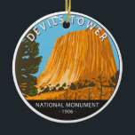 Ornamento De Cerâmica Devils Tower National Monument Wyoming Vintage<br><div class="desc">Devils Tower National Monument vetor design. É uma bunda composta de rocha ígnea no distrito do Bear Lodge Ranger das Colinas Negras.</div>