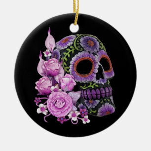 Ornamento De Cerâmica Dia da Morte - Pano De Açúcar Preto, Floral, Rosa