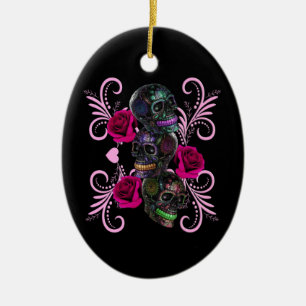 Ornamento De Cerâmica Dia das Caveiras Triplo Preto Rosas Rosa