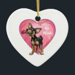 Ornamento De Cerâmica Dia de os namorados Chihuahua<br><div class="desc">Parada Animal O romântico Chihuahua Dog Personalizado presentes, cartas e acessórios de coração e amor apresenta nossa divertida trabalho de arte de um Chihuahua negro e bronzeado segurando um rosa bonito na boca com corações roxos, vermelhos e cor-de-rosa por trás pintados digitalmente pelo artista infantil, Traci Van Wagoner. Este doce...</div>