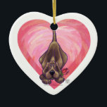 Ornamento De Cerâmica Dia de os namorados de Cachorro<br><div class="desc">Parada Animal Romântico Cão Cachorro Cachorro Coração e Amor presentes, cartas, e acessórios trazidos para você pela Imagine isso! Design apresenta nossa trabalho de arte divertida de um cão de caça marrom segurando um rosa bonito na boca com corações roxos, vermelhos e cor-de-rosa atrás pintados digitalmente pelo artista infantil, Traci...</div>