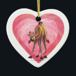 Ornamento De Cerâmica Dia de os namorados de camelo<br><div class="desc">Parada Animal Romântica Camel Love and Hearts Day Gifts and Accessories criados pelo Animal Parade apresenta nossa divertida trabalho de arte de um camelo de corcova giro e marrom segurando um rosa bonito na boca com corações roxos, vermelhos e cor-de-rosa atrás dela pintados pelo nosso talentoso artista Traci Van Wagoner....</div>