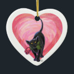 Ornamento De Cerâmica Dia de os namorados de Gato Negro<br><div class="desc">Parada Animal O romântico Black Cat Heart and Love presentes, cartas e acessórios apresenta nossa divertida trabalho de arte de um gato preto elegante segurando um rosa bonito na boca com corações roxos, vermelhos e cor-de-rosa. Este legal gato apaixonado design é um presente perfeito para Dia de os namorados, seu...</div>