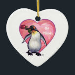 Ornamento De Cerâmica Dia de os namorados de pinguim<br><div class="desc">Parada Animal Romântico Presentes e Acessórios para o Dia do Namorados Pinguim e Corações apresenta nossa trabalho de arte divertida de um pinguim bonitinho segurando um rosa bonito na boca com corações roxos, vermelhos e cor-de-rosa em camadas atrás dela criado pelo nosso talentoso artista Traci Van Wagoner. Nosso divertido pinguim...</div>