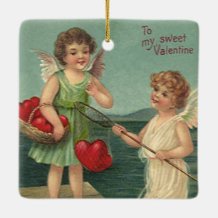 Ornamento De Cerâmica Dia de os namorados de safra, anjos pescando coraç
