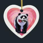 Ornamento De Cerâmica Dia de os namorados do Urso Panda<br><div class="desc">Parada Animal O romântico Panda Bear Love and Hearts Day Gifts and Accessories (Presentes e Acessórios para o Dia do Namorados) apresenta nossa divertida trabalho de arte de um urso panda bonito segurando um rosa bonito na boca com corações roxos, vermelhos e cor-de-rosa em camadas atrás dela criados pelo nosso...</div>