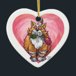 Ornamento De Cerâmica Dia de os namorados Ginger Cat<br><div class="desc">Animal Parade Romântico Cat Heart and Love presentes, cartas, e acessórios trazidos para você pela ITD Animal Parade apresentam nossa divertida trabalho de arte de um gato laranja e branco segurando um rosa bonito na boca com corações roxos, vermelhos e cor-de-rosa atrás pintados digitalmente pelo artista infantil, Traci Van Wagoner....</div>