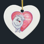 Ornamento De Cerâmica Dia de os namorados Pomerano Branco<br><div class="desc">Parada Animal Cão Branco Romântico Cão Pomerano Personalizado Dons de Coração e Amor, cartas e acessórios trazidos para você pela Imagine isso! Design apresenta nossa trabalho de arte divertida de um cão Pomerano branco segurando um rosa bonito na boca com corações roxos, vermelhos e cor-de-rosa, pintados digitalmente pelo artista infantil,...</div>