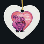 Ornamento De Cerâmica Dia de os namorados Porco<br><div class="desc">Parada Animal O Romântico Coração de Porcos e Dons de Amor, cartas, e acessórios trazidos a você pela ITD Animal Parade apresentam nossa divertida trabalho de arte de um porco rosa segurando um rosa bonito na boca com corações roxos, vermelhos e cor-de-rosa atrás pintados digitalmente pelo artista infantil, Traci Van...</div>
