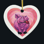 Ornamento De Cerâmica Dia de os namorados Porco<br><div class="desc">Parada Animal O Romântico Coração de Porcos e Dons de Amor, cartas, e acessórios trazidos a você pela ITD Animal Parade apresentam nossa divertida trabalho de arte de um porco rosa segurando um rosa bonito na boca com corações roxos, vermelhos e cor-de-rosa atrás pintados digitalmente pelo artista infantil, Traci Van...</div>